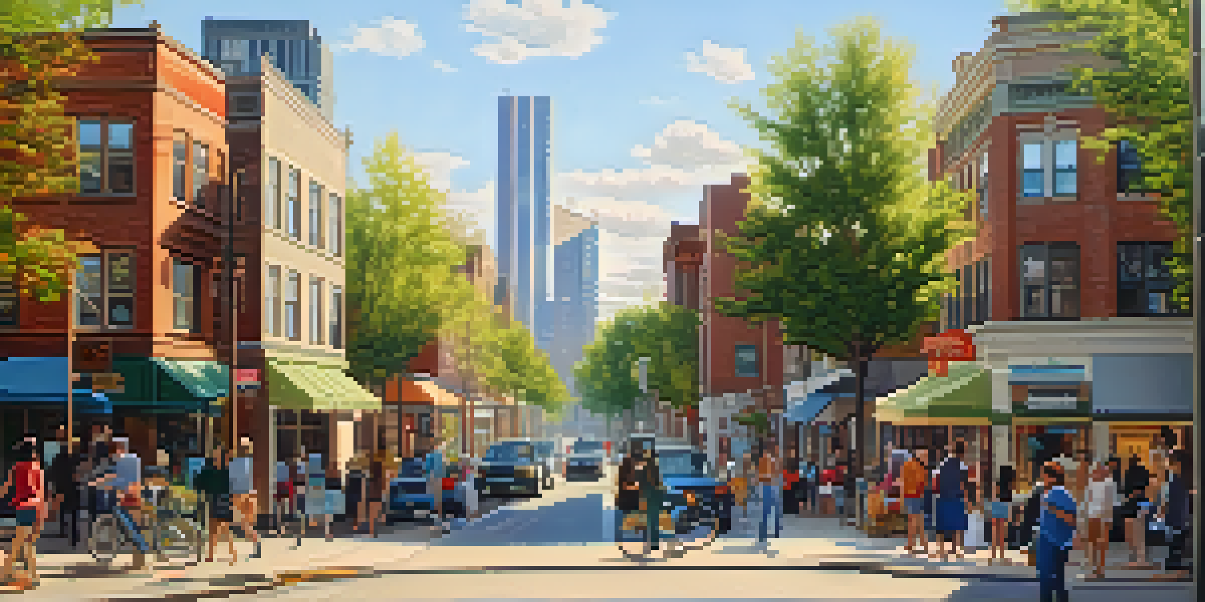 A bustling urban neighborhood showing a mix of modern high-rises and older homes with diverse residents and local shops under warm sunlight.