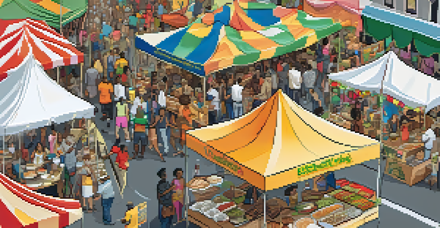 An aerial view of a lively food festival in New York City with various food booths and attendees sampling diverse dishes.