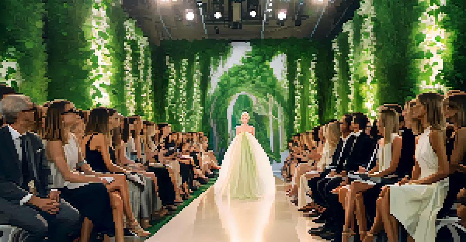 A runway show at New York Fashion Week, featuring models in sustainable fashion designs surrounded by greenery and an engaged audience, all under soft lighting.