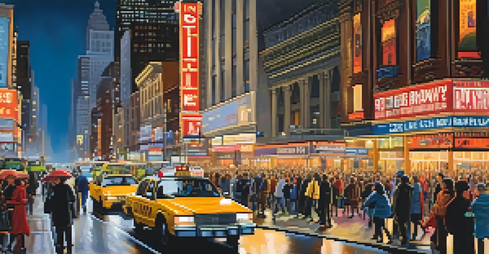 A vibrant New York City street at night with illuminated Broadway theaters and diverse crowds walking.