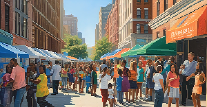 A lively New York City street filled with diverse individuals and families near a nonprofit booth offering housing resources, illuminated by warm golden hour sunlight.