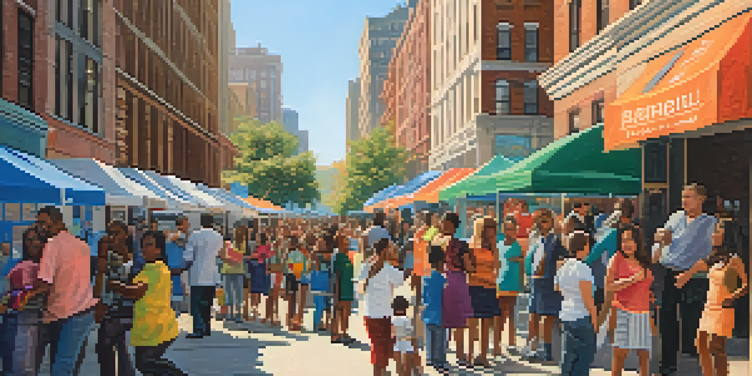 A lively New York City street filled with diverse individuals and families near a nonprofit booth offering housing resources, illuminated by warm golden hour sunlight.