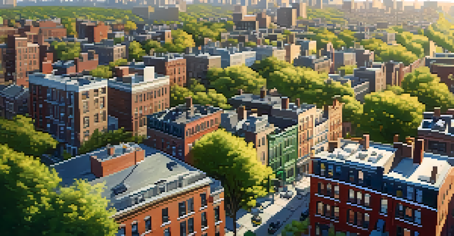 Aerial view of a vibrant New York City neighborhood with a mix of historic buildings and modern skyscrapers.