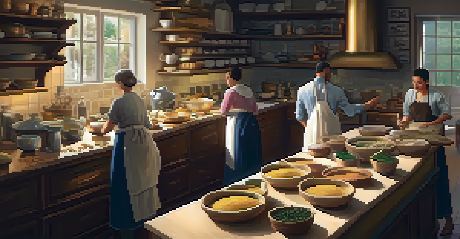 Participants in a cozy kitchen taking a culinary class, kneading dough and preparing traditional dishes with warm lighting.