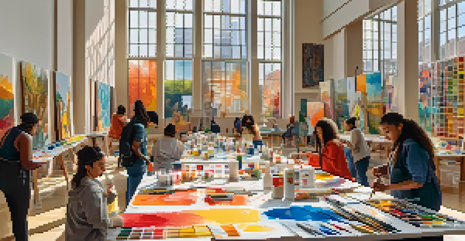Local artists and community members collaboratively painting a mural in a workshop at the Queens Museum, surrounded by art supplies and natural light.