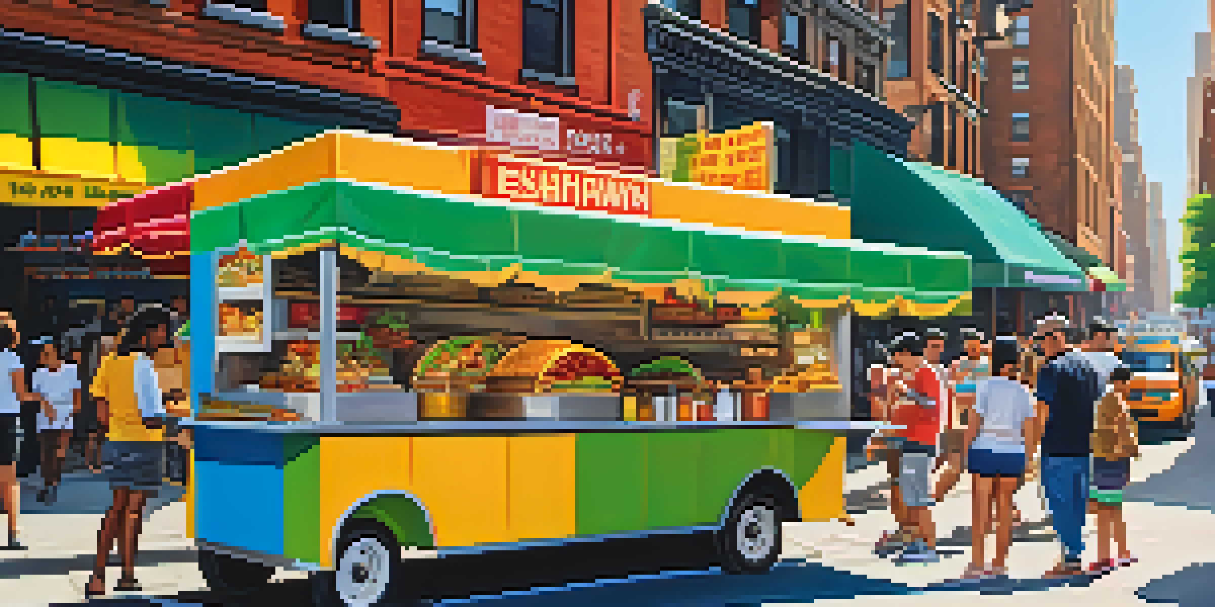 A lively street food scene in New York City with a food cart serving tacos and shawarma, surrounded by diverse people enjoying their meals.