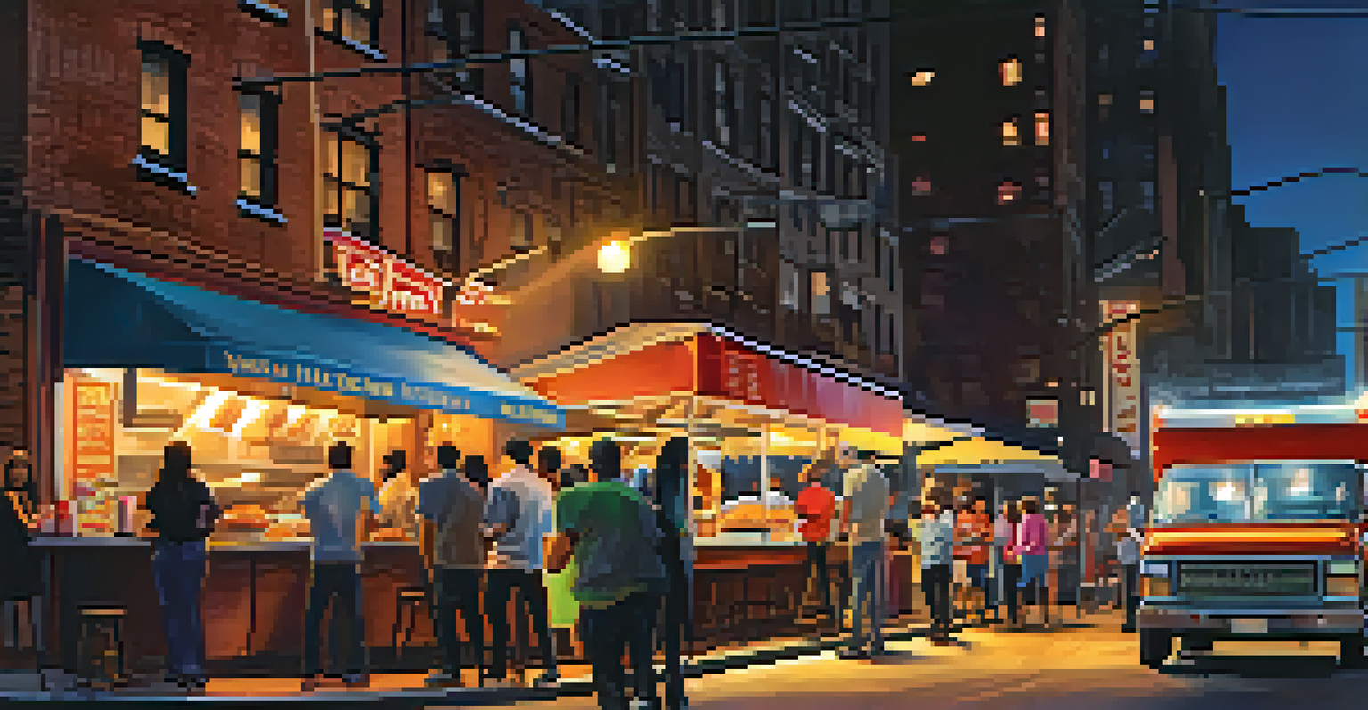 A food truck serving tacos at night with a crowd of people waiting in line, illuminated by street lights.