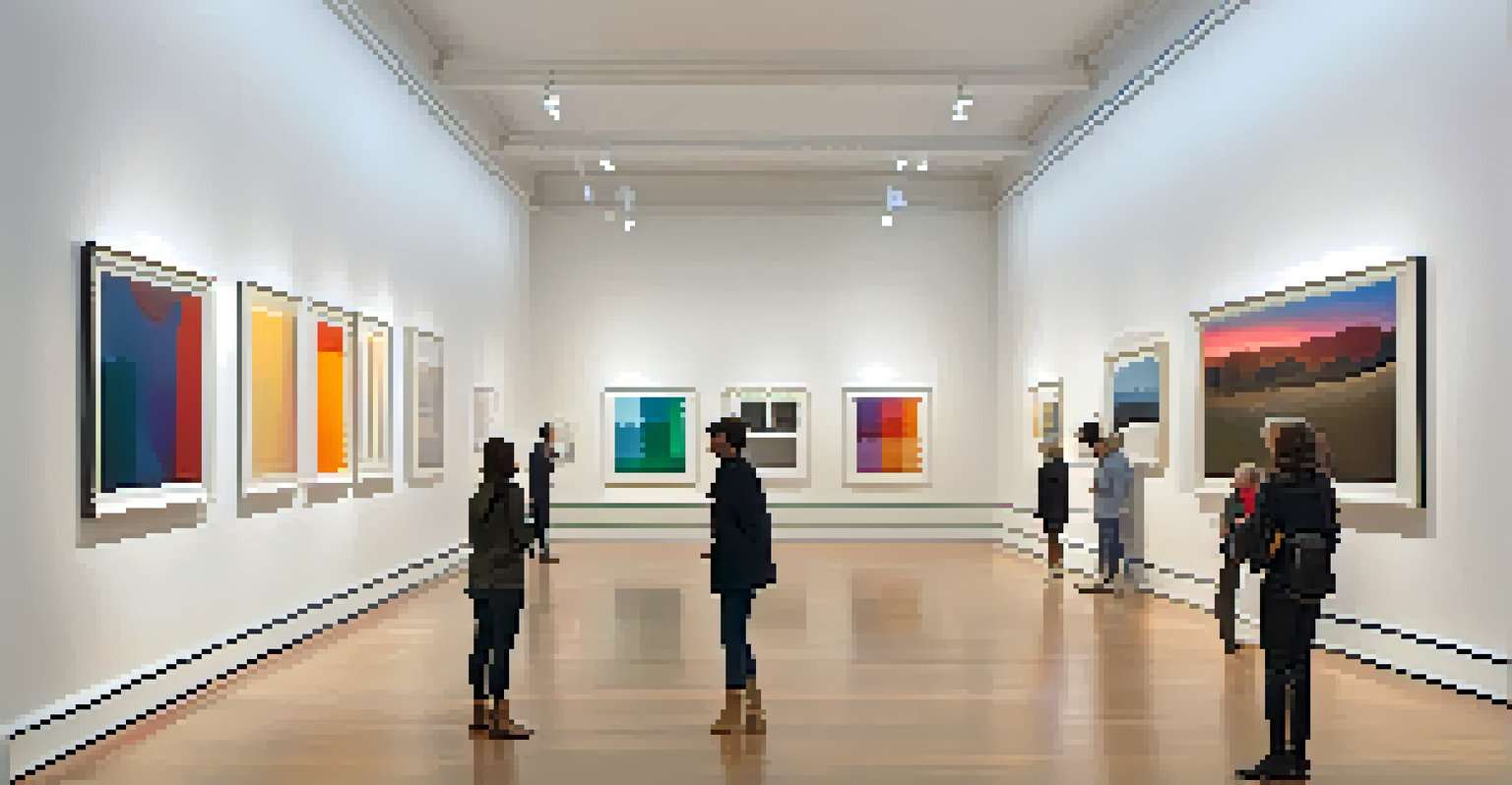 Visitors admiring colorful artworks in a bright and modern art gallery.