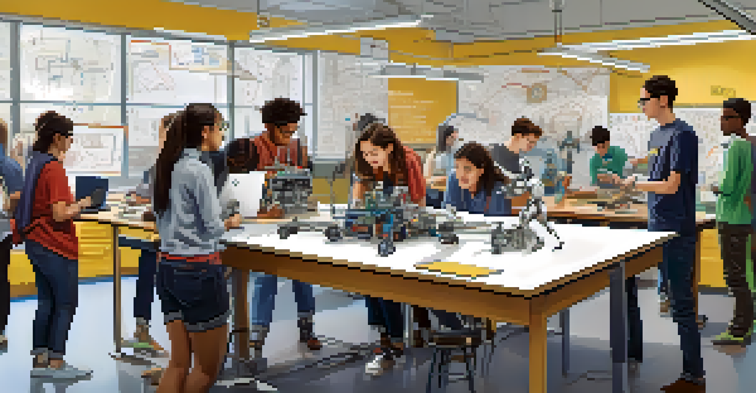 Students collaborating in a robotics club, working on a robot prototype surrounded by tools and diagrams, highlighting teamwork and diversity.
