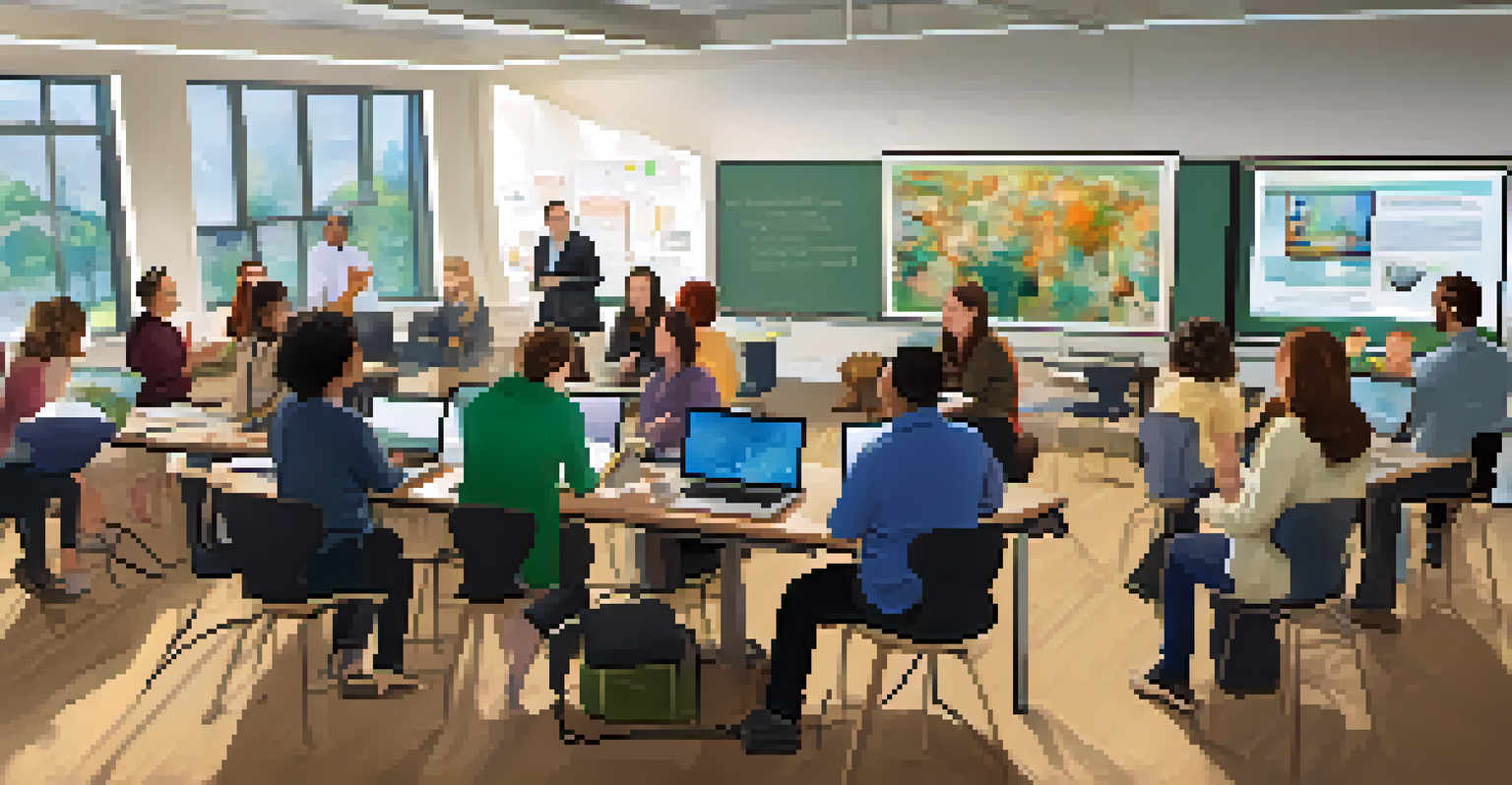 A teacher conducting a professional development workshop for educators, who are actively participating in hands-on activities with educational technology.