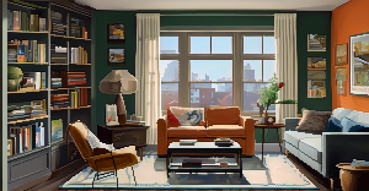 A cozy living room in an affordable housing unit, filled with eclectic decor, vintage furniture, and cultural artifacts, illuminated by natural light from large windows.