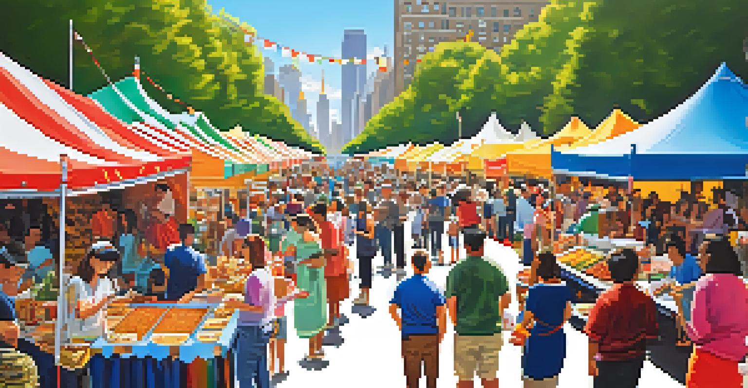 A colorful food festival in New York City with booths serving diverse international dishes and visitors enjoying the lively atmosphere.