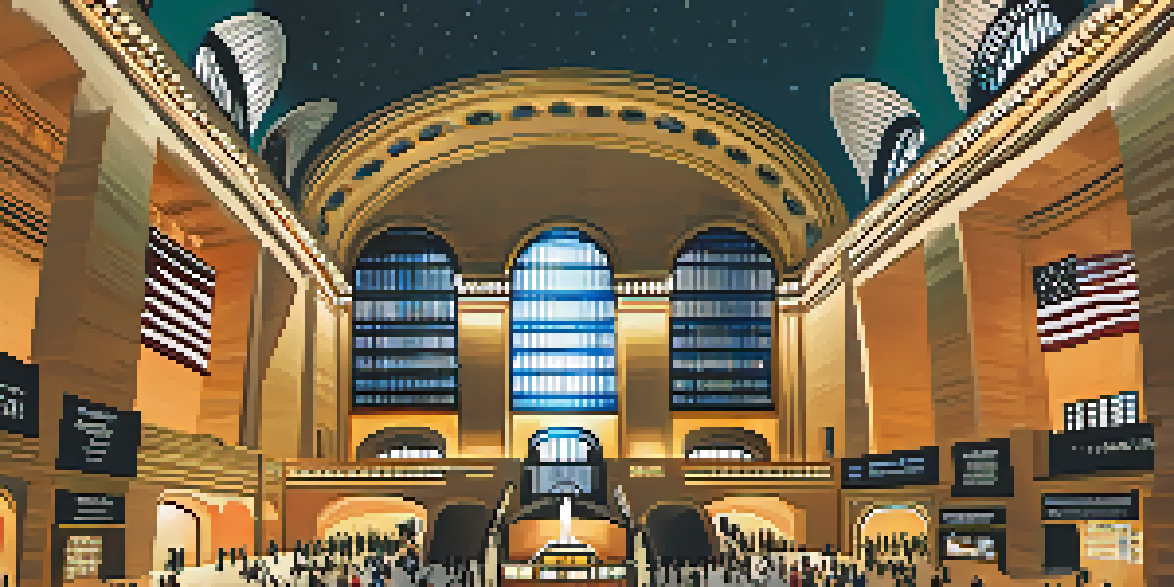 An interior view of Grand Central Terminal, featuring a stunning celestial dome with stars, arched windows, and marble columns, bustling with people.