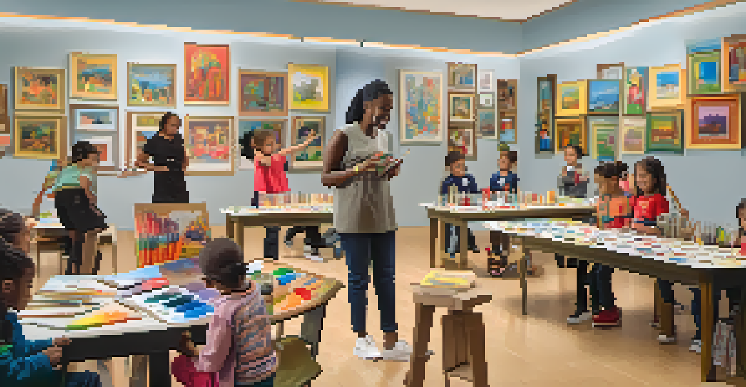 Children in an interactive workshop creating their own art with guidance from an instructor, surrounded by colorful supplies.