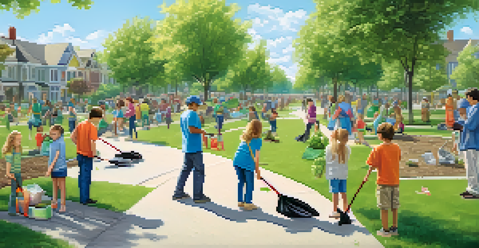 Residents participating in a neighborhood clean-up, collecting litter and planting trees in a sunny park with banners about sustainability.