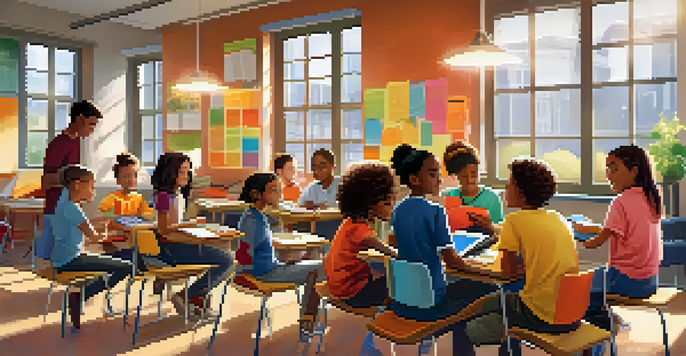 A classroom scene with diverse students interacting with tablets, sharing ideas, and collaborating on projects in a bright, colorful environment.