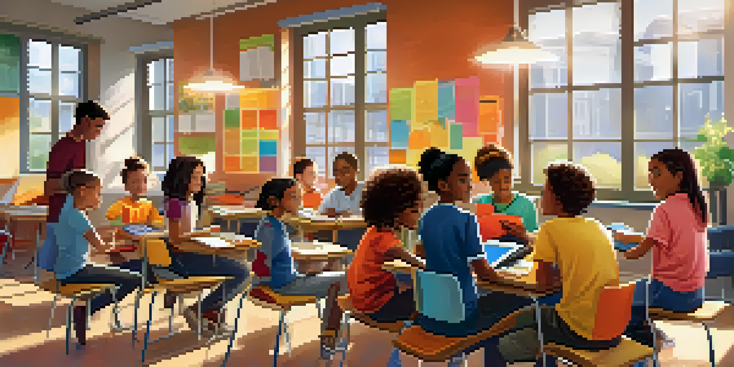 A classroom scene with diverse students interacting with tablets, sharing ideas, and collaborating on projects in a bright, colorful environment.