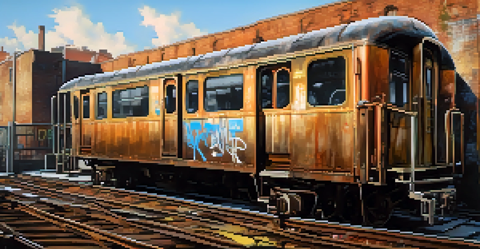 An old subway train on rusty tracks with graffiti on the walls and warm lighting in a subway station.