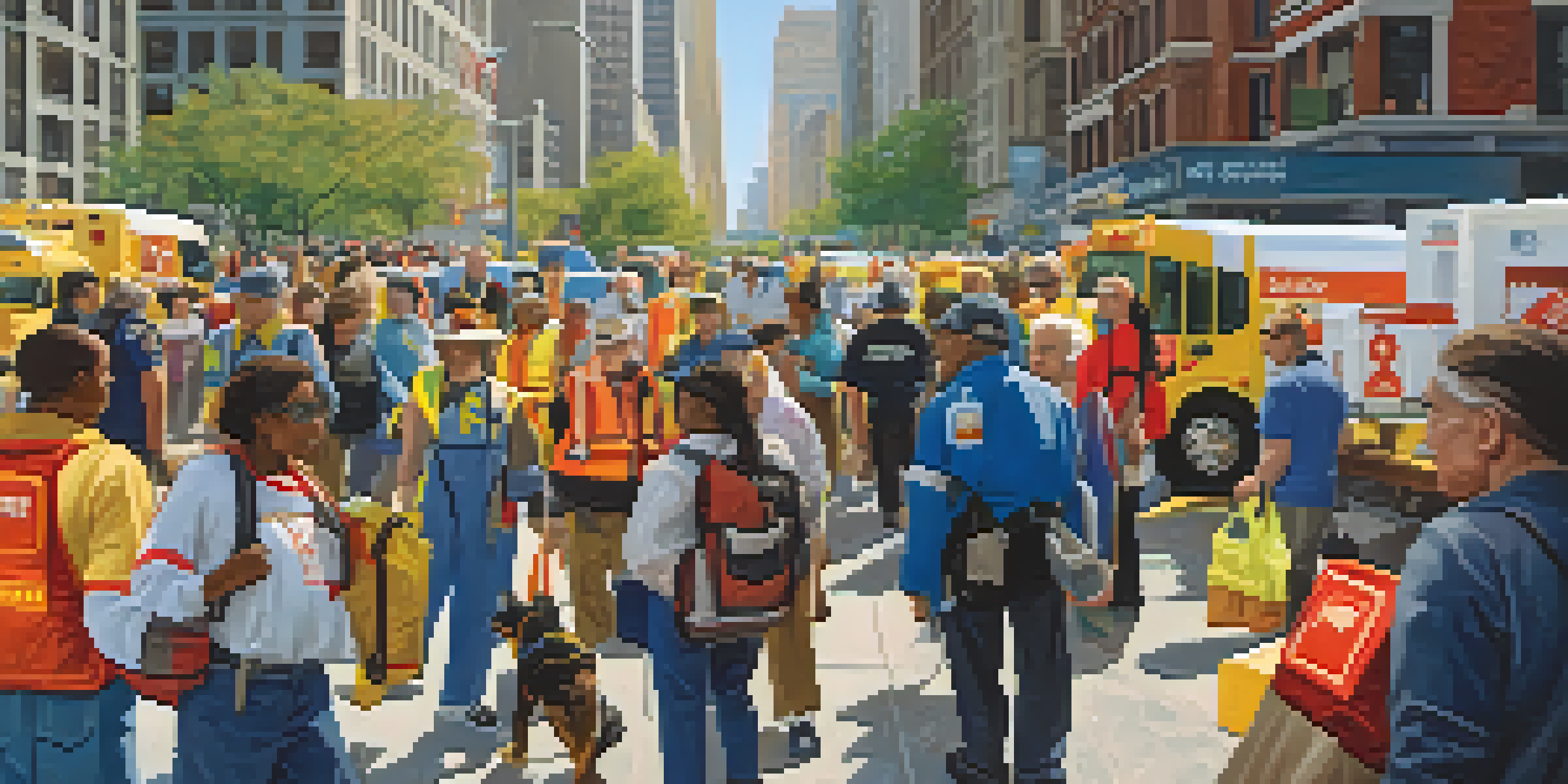A diverse group of New Yorkers participating in a disaster preparedness drill on a sunny street, holding emergency kits and discussing evacuation routes.