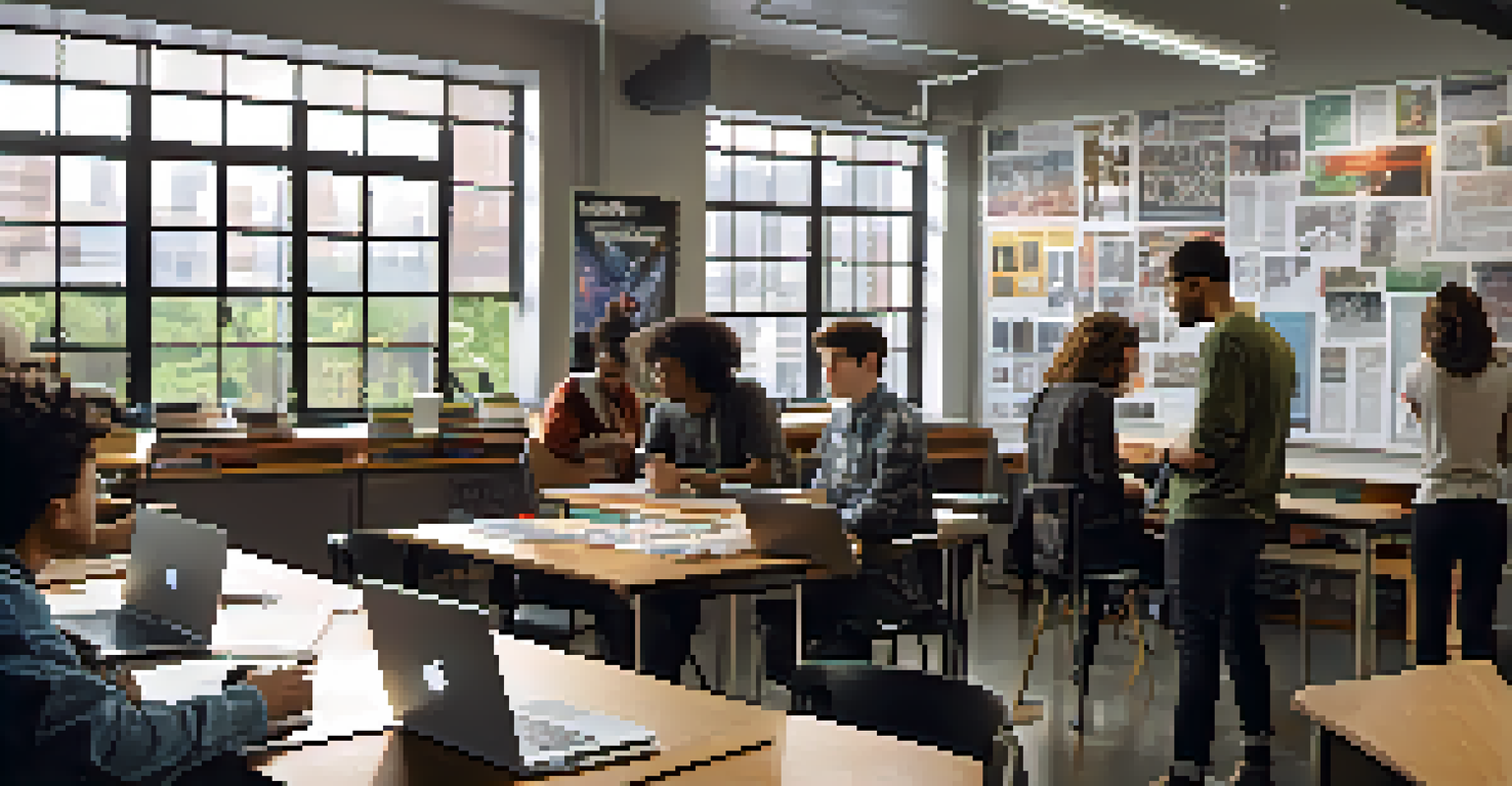 A film school classroom in NYC with students working on laptops and discussing storyboards, illuminated by natural light and inspiring posters.