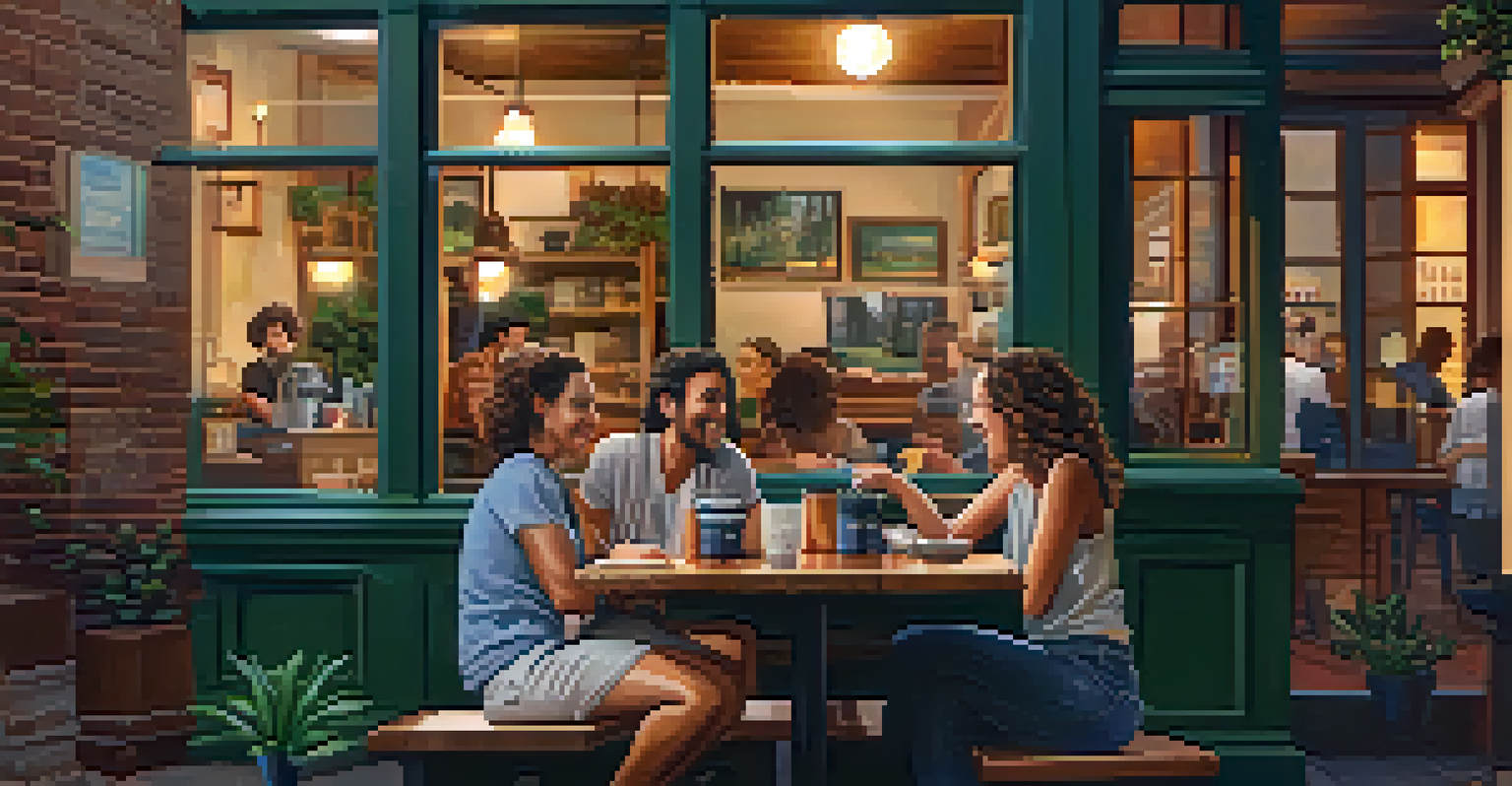 A warm coffee shop setting with friends gathered around a table, enjoying drinks and discussing local news.