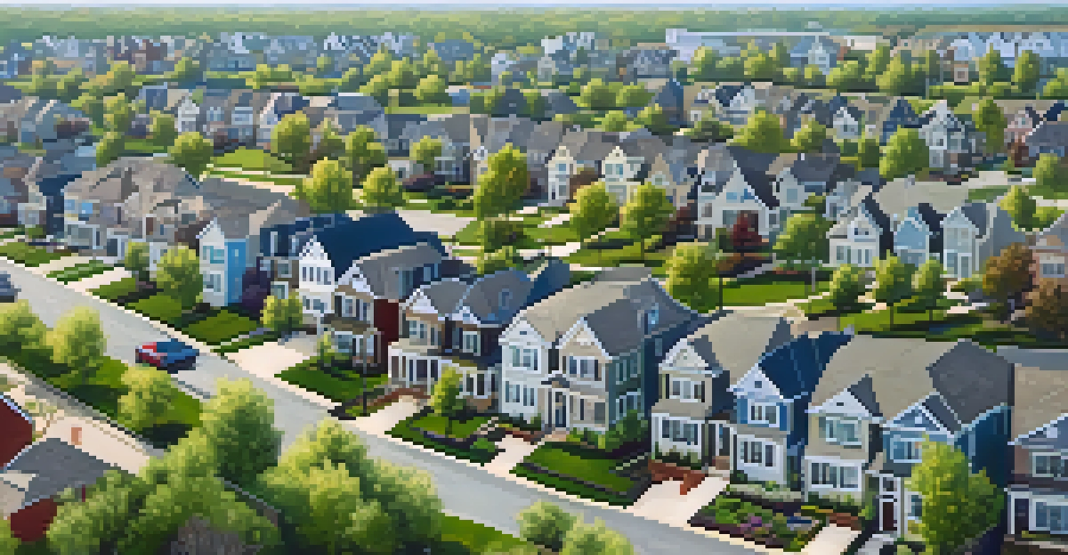 An aerial perspective of a suburban town with houses, parks, and winding streets, illustrating the spaciousness and greenery of suburban living.