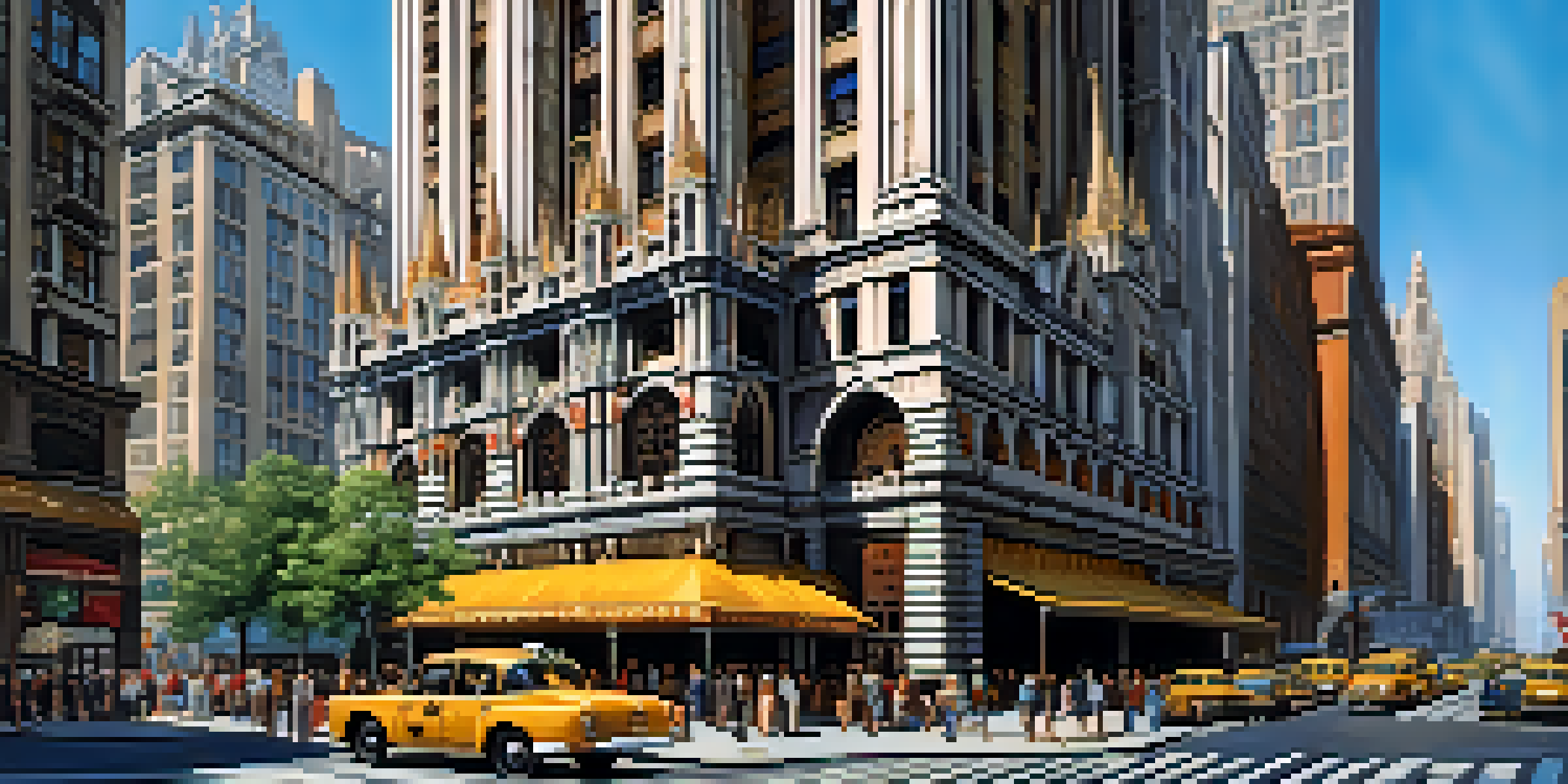 A vibrant street scene featuring the Woolworth Building, highlighting its neo-Gothic architecture and bustling city life.