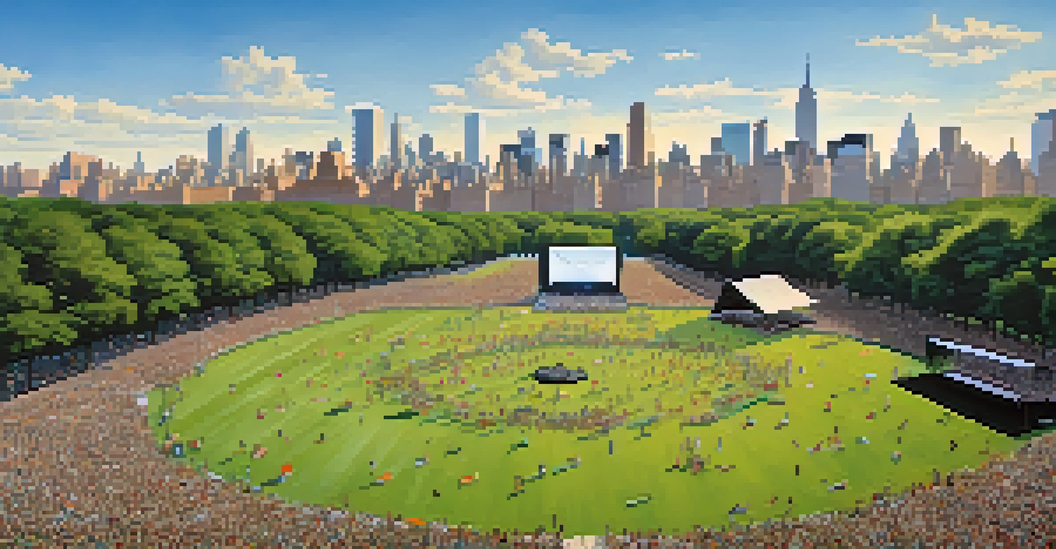 Aerial view of Central Park's Great Lawn filled with people during a summer concert, with the NYC skyline in the background.