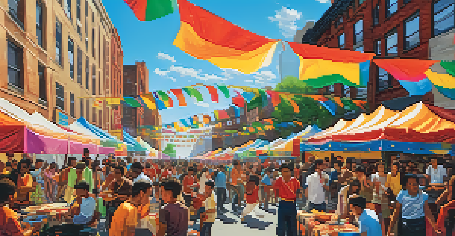 A lively community festival in New York City with young people enjoying cultural performances and food stalls, surrounded by colorful banners and bright blue skies.