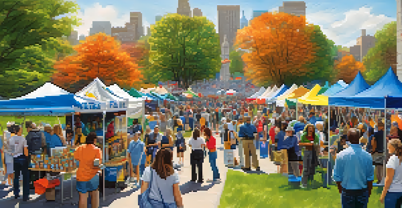 A lively volunteer fair in a park with colorful booths and attendees engaging with volunteers, showcasing community involvement.