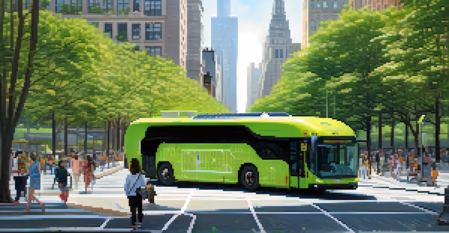 An electric bus in a green park in New York City, showcasing sustainability alongside pedestrians and nature.