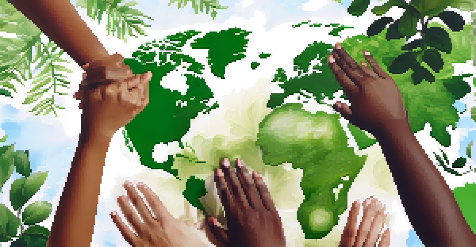 An artistic representation of diverse hands joining above a world map, symbolizing global partnerships in the fight against climate change.
