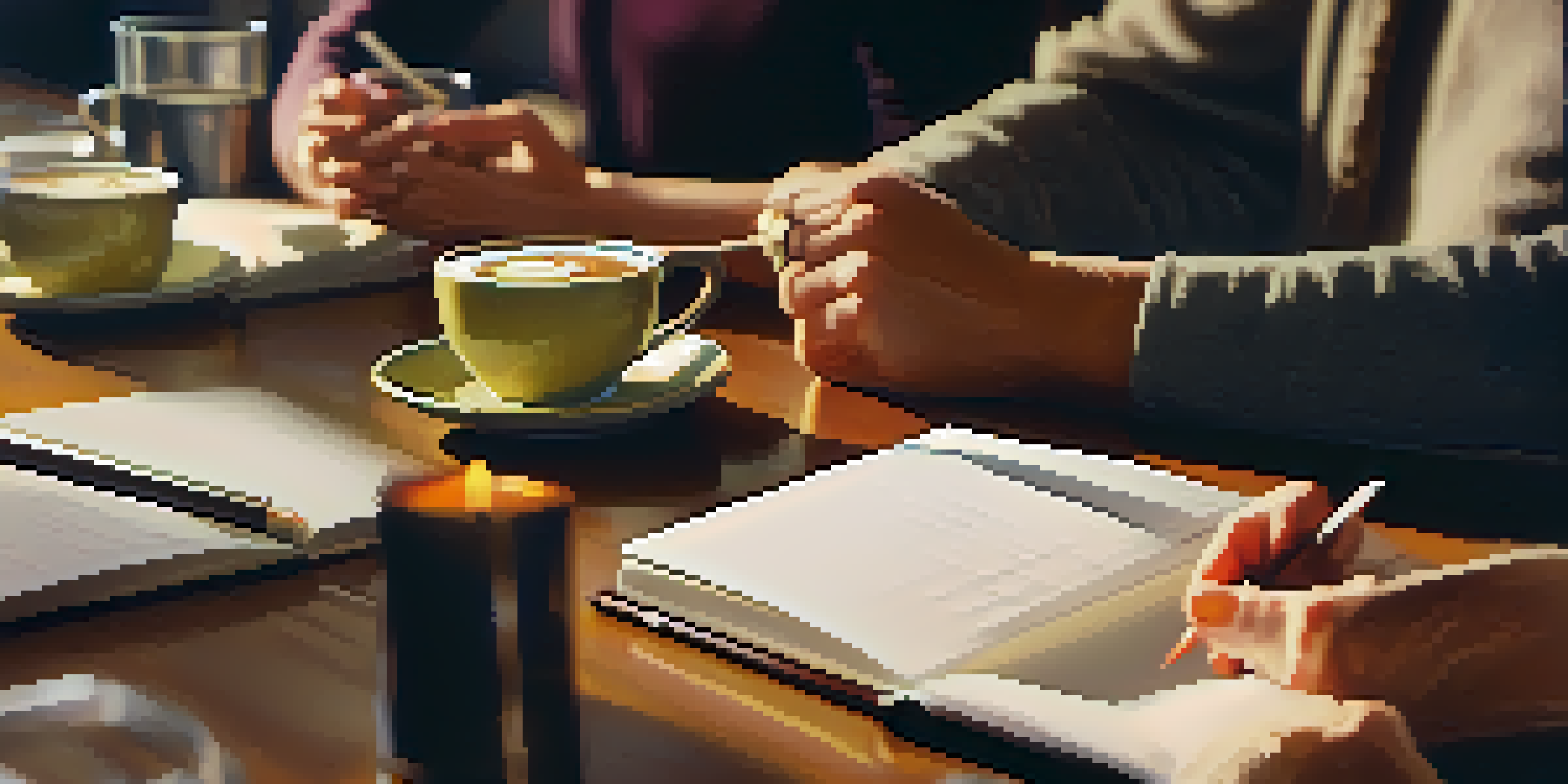A close-up of hands holding a coffee cup on a table with notebooks, pens, and a candle, capturing a warm and inviting atmosphere.