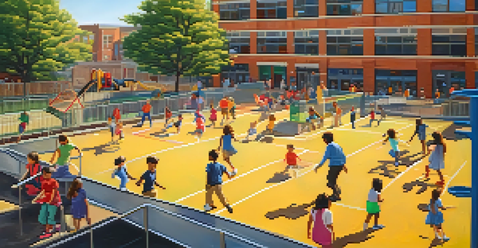 A diverse group of children playing in a New York City school playground with colorful clothing and a modern school building in the background.