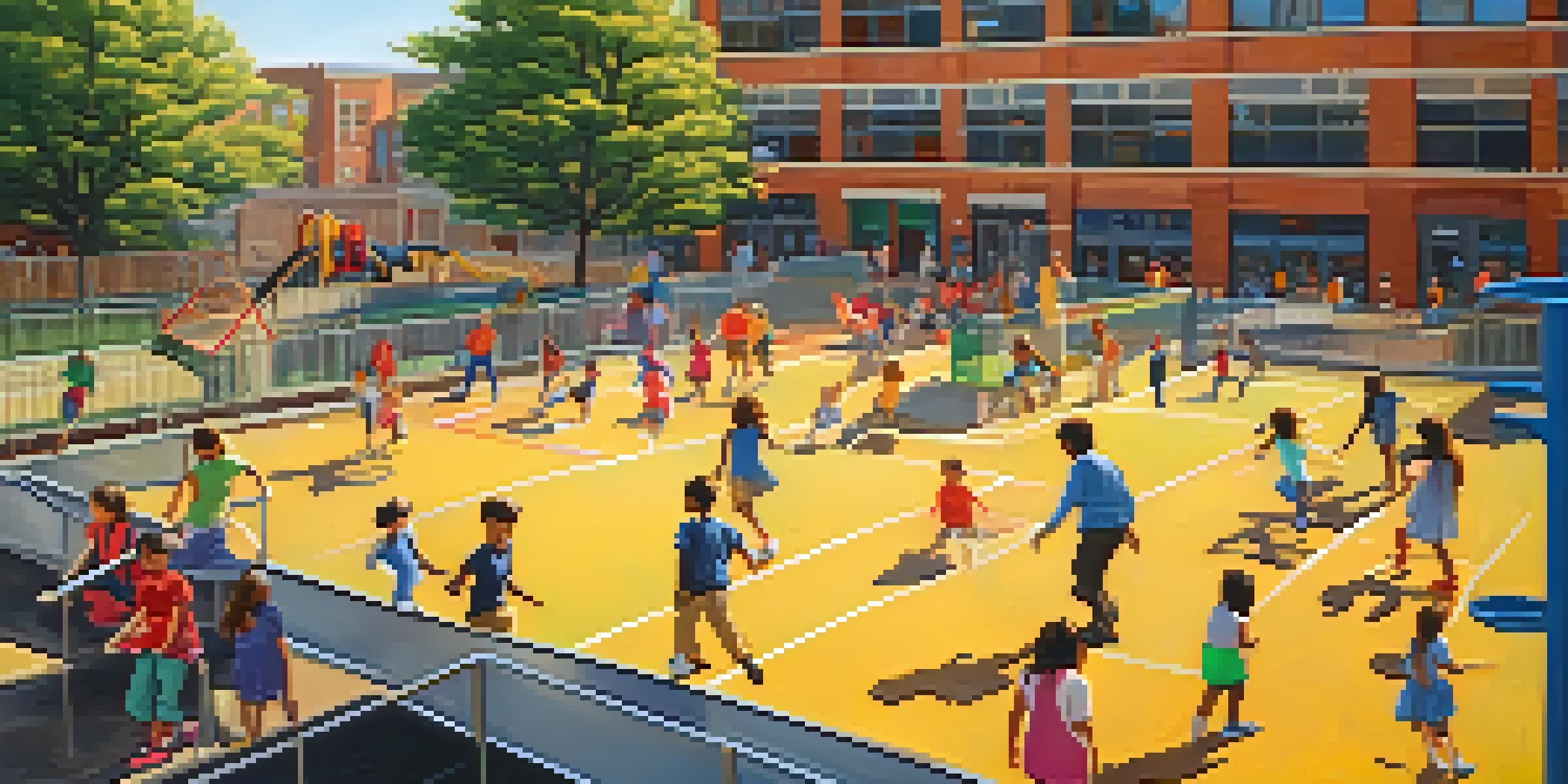 A diverse group of children playing in a New York City school playground with colorful clothing and a modern school building in the background.