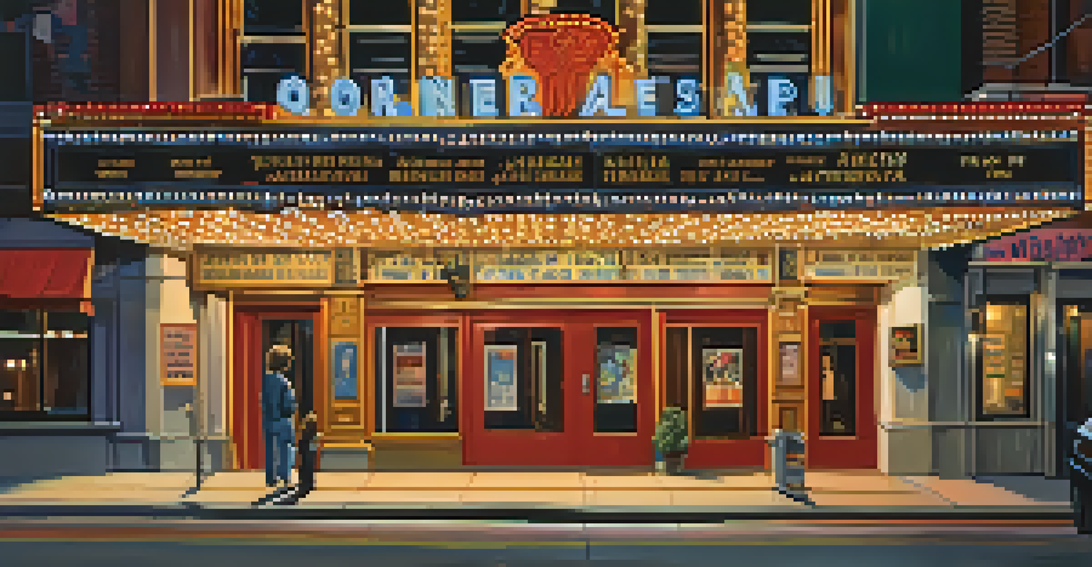 Exterior view of an Off-Broadway theater at night with a glowing marquee and diverse patrons outside, bustling urban scene.