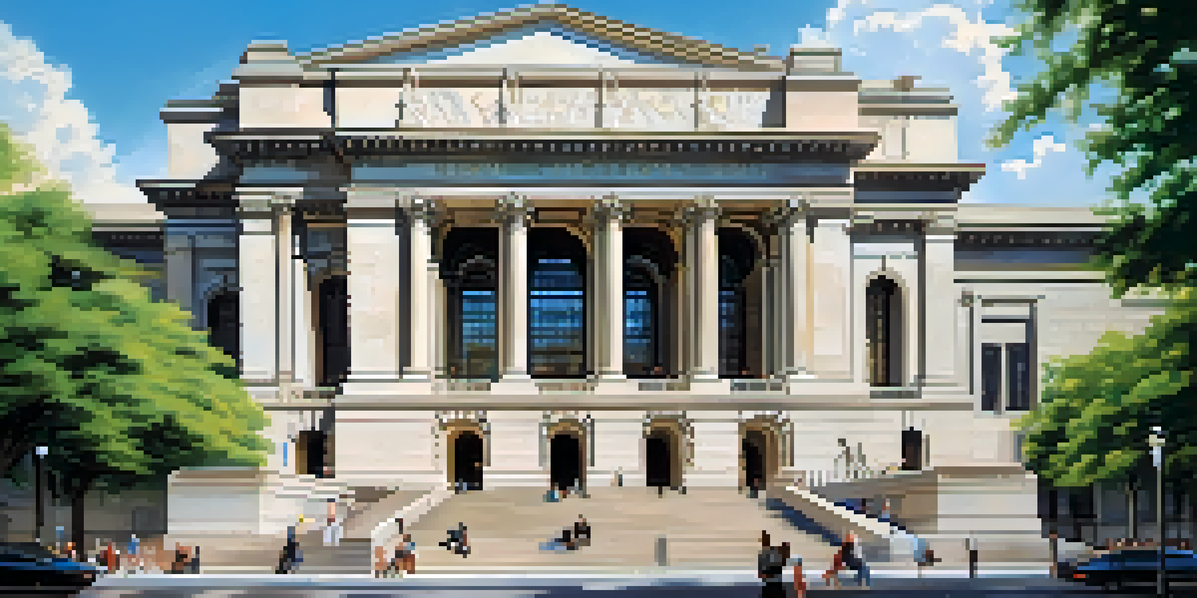 Exterior view of the New York Public Library, highlighting its grand architecture and lion statues, surrounded by trees and a clear sky.