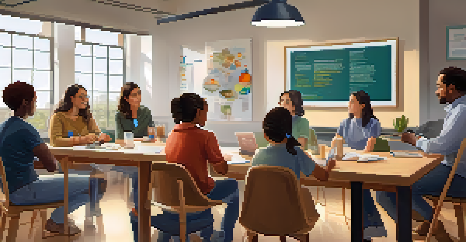 A teacher conducting a workshop for parents on remote learning tools, with parents engaged around a table in a warm atmosphere.