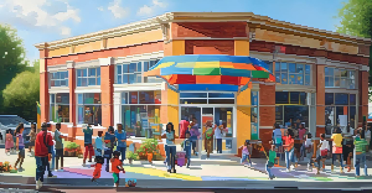 A vibrant community center scene with volunteers assisting low-income families, filled with colorful posters and bright natural light.