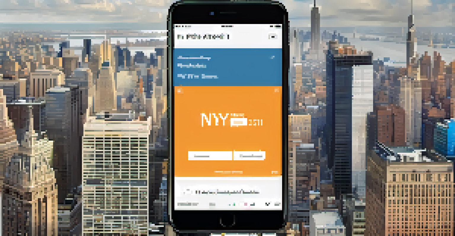 Close-up of a smartphone showing the NYC 311 app with a user reporting an issue, against a blurred New York City background.