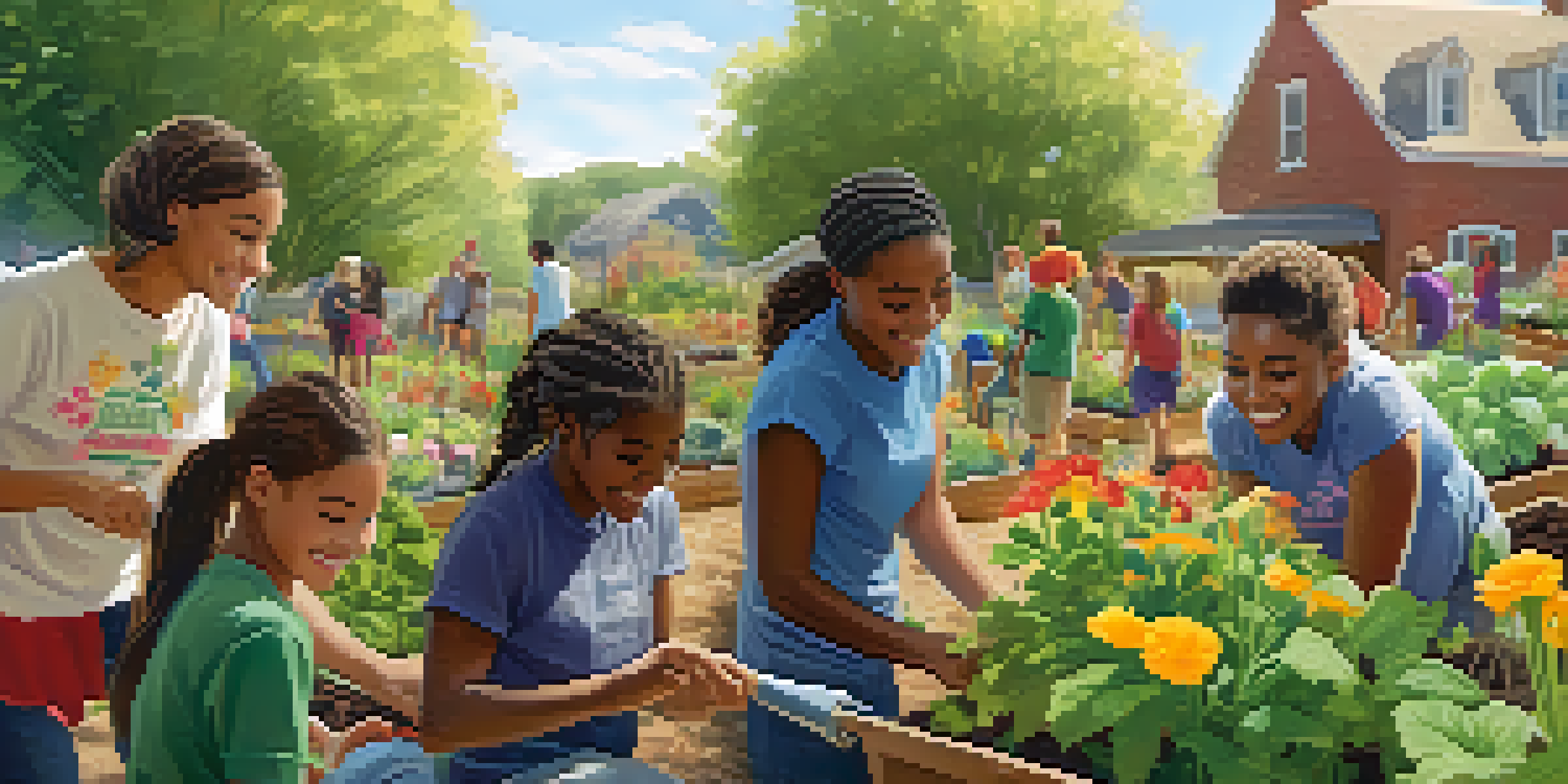 A group of diverse young volunteers in a community garden, planting flowers and vegetables together under bright sunlight.