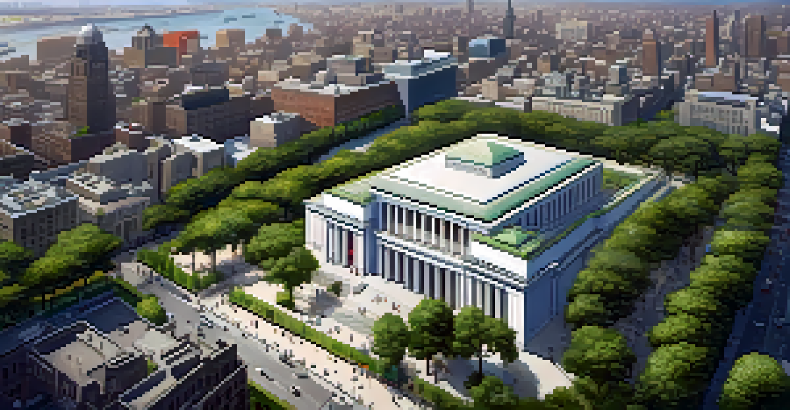 Aerial view of the Brooklyn Museum, displaying its modern architecture and surrounding greenery, with people visiting and colorful banners promoting exhibitions.
