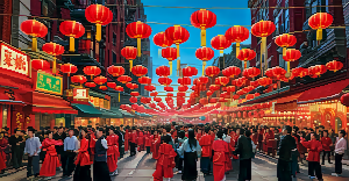 A lively Chinese New Year celebration with lion dancers in colorful costumes, red lanterns, and fireworks illuminating the night sky.