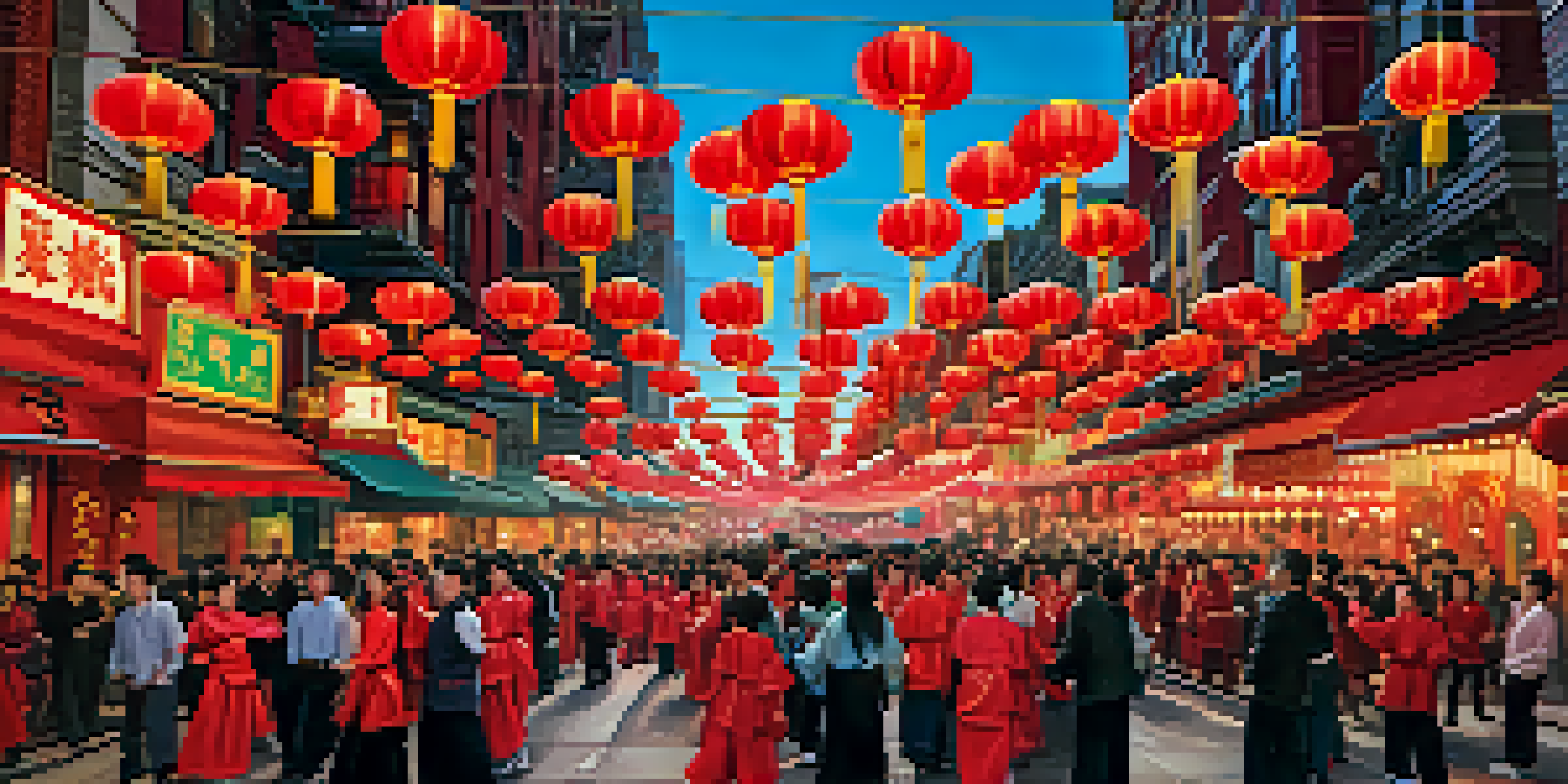 A lively Chinese New Year celebration with lion dancers in colorful costumes, red lanterns, and fireworks illuminating the night sky.