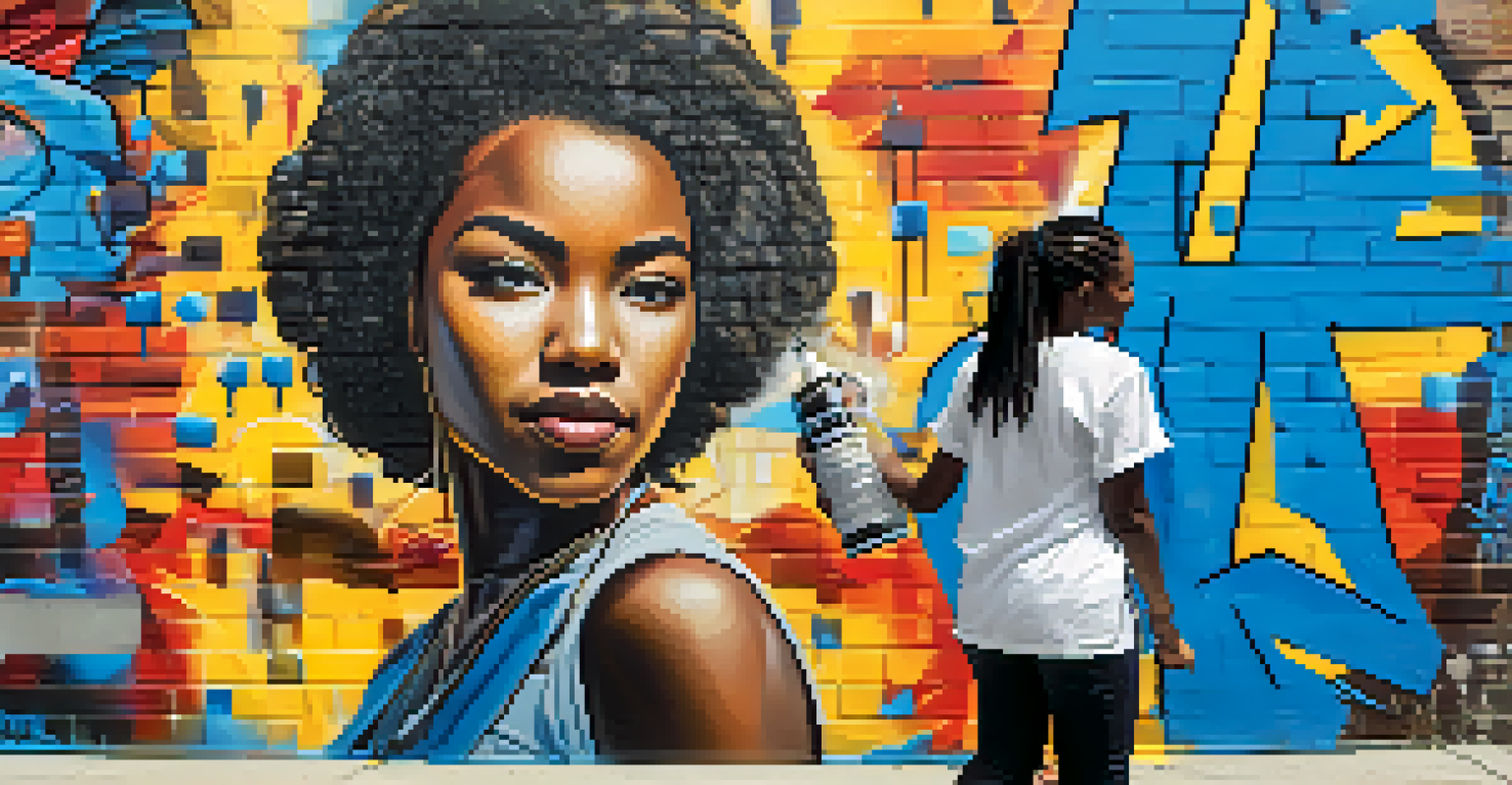 A young woman painting a mural promoting racial justice on a city wall, surrounded by vibrant urban graffiti.