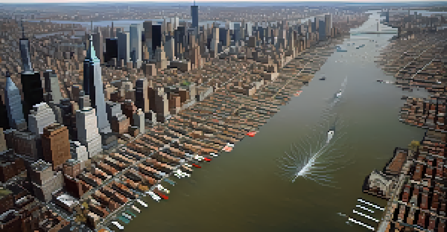 Aerial view of New York City post-Hurricane Sandy, showing flooded streets and emergency responders assisting residents amidst the iconic skyline.