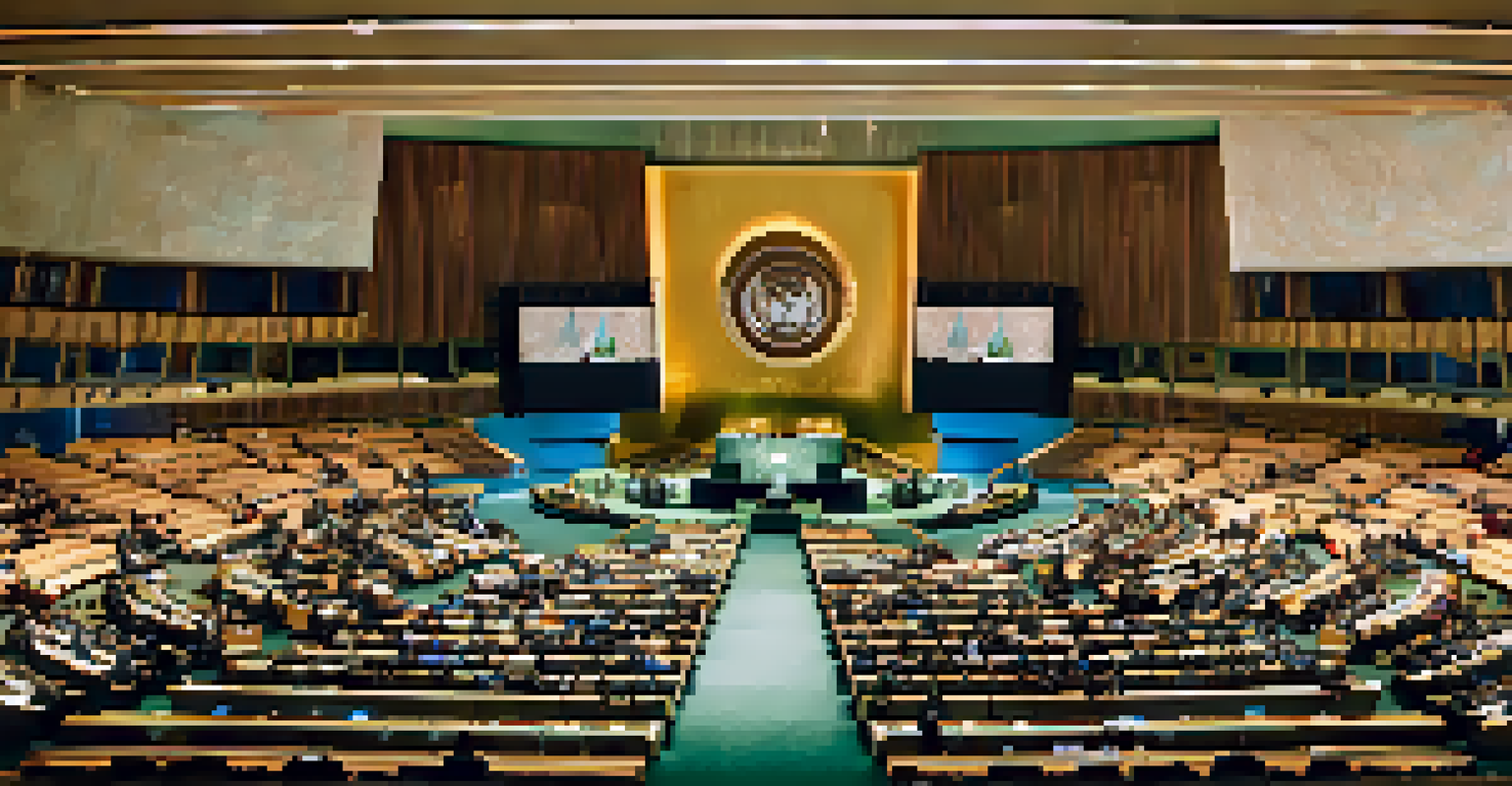 Interior view of the UN General Assembly Hall with delegates and a large mural in the background.