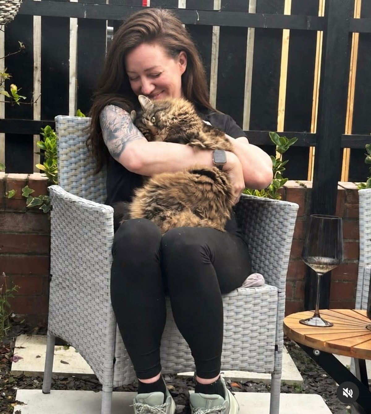 A large tabby cat being held on a garden chair