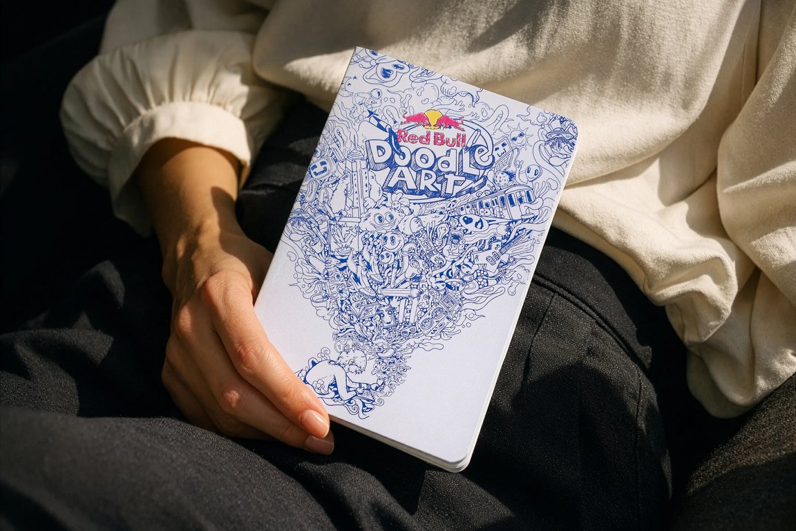 Red Bull Doodle Art notebook with a blue illustration on the cover