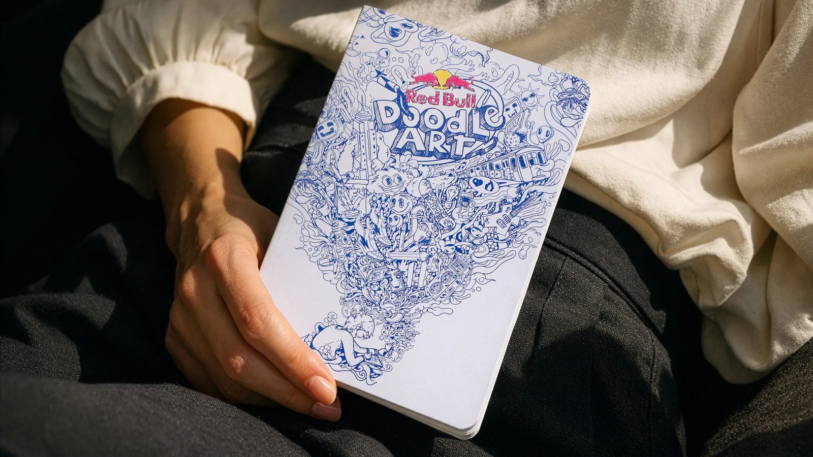 Red Bull Doodle Art notebook with a blue illustration on the cover